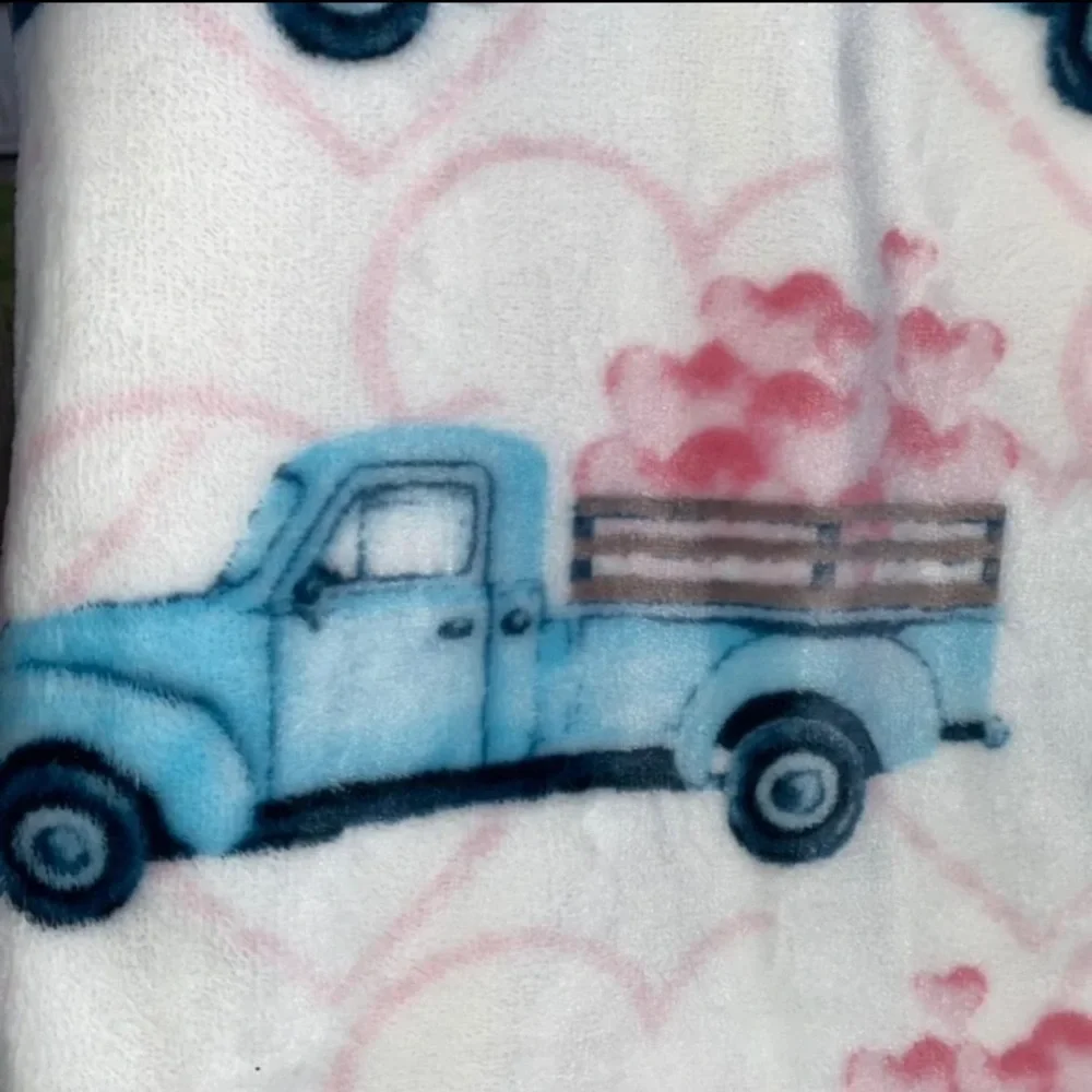 Farmhouse Blue Truck Hearts Plush Throw NWT